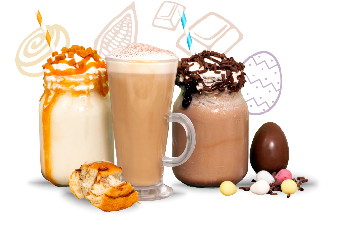 Chocolate Frappe, Cinnamon Bun, Latte, Easter Range Website Banner